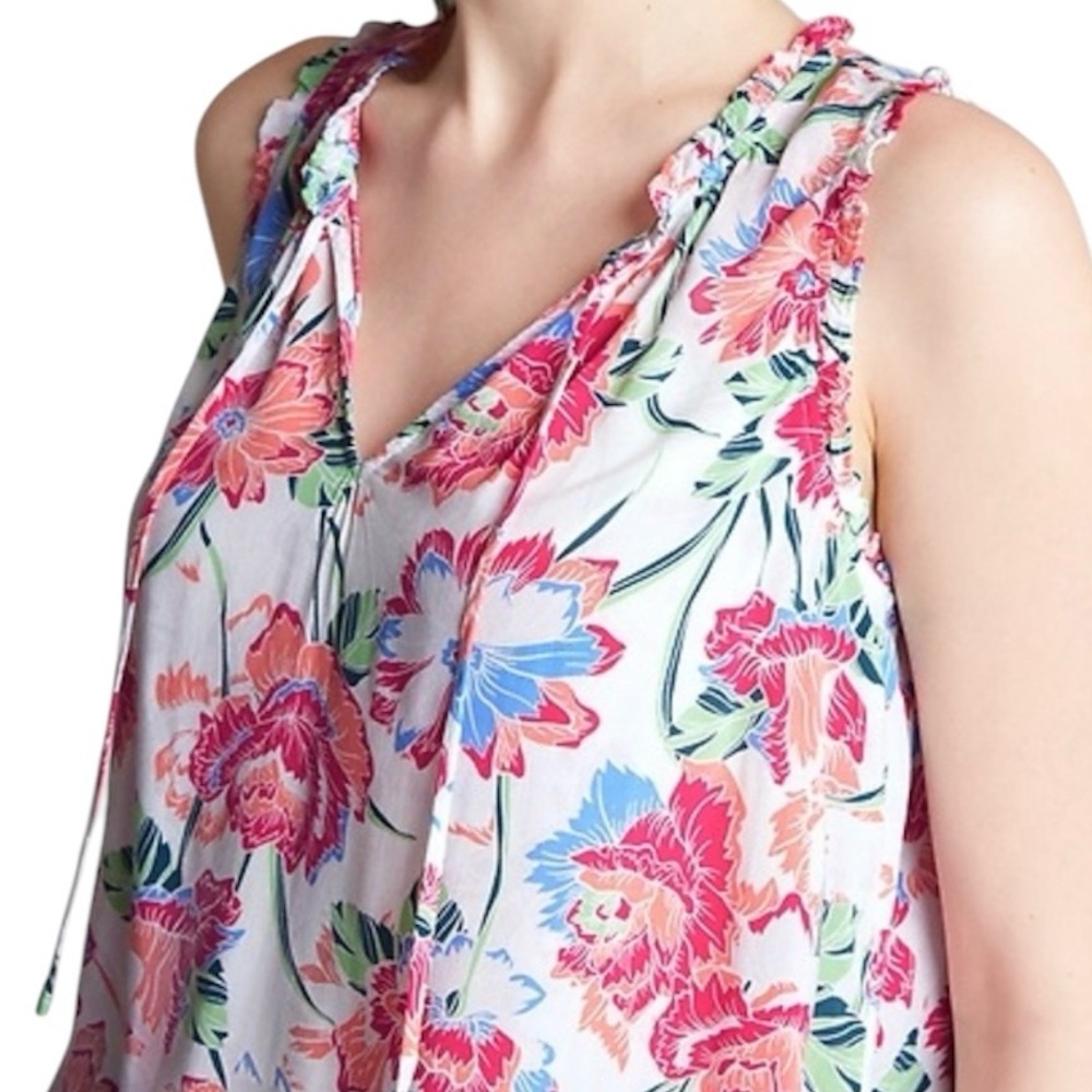 Gap Floral Ruffle Split Neck Lightweight Blouse Top White Pink Green M
